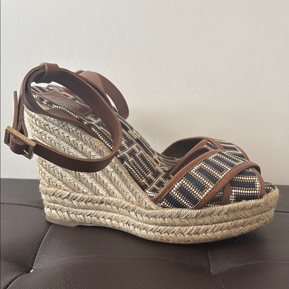 Tory Burch Brown and Tan Beaded Espadrille Wedges